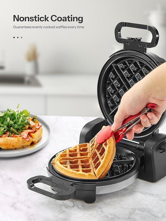 Waffle Maker, Round Classic Belgian Waffle Iron with 180°Rotating Design, Nonstick Plates & Cool Touch Handle, 1080W Fast Heating Waffle Machine, Brushed Stainless, Silver (4 Slices)