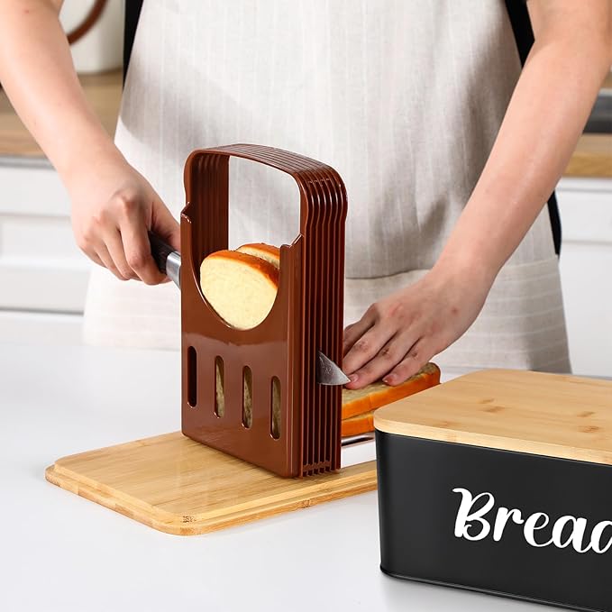 Teenyyou 2 Pcs Extra Large Bread Box with Slicer, Metal Farmhouse Bread Storage Container with Bamboo Cutting Board Lids Multi-size Breadbox Set for Kitchen Countertop(Black)