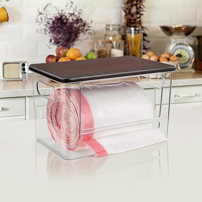 Trash Bag Dispenser, Trash Bag Holder Dispenser with Bamboo Top, Extra Large Garbage Bag Holder Dispenser Trash Bag Organizer Under Sink for Kitchen, Pantry, Laundry Room