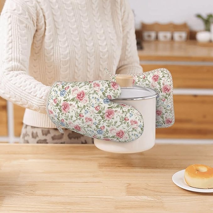 Oven Mitts and Pot Holders Flower Boho Rose Floral Silicone Kitchen Accessories Set of 4 Heat Resistant Long Gloves Potholder Non-Slip Grip for Chef Cooking Baking Grilling BBQ