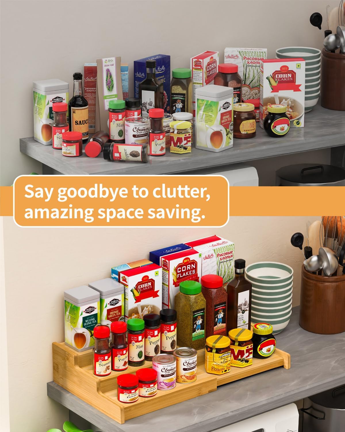 Spice Rack Organizer, 3 Tier Expandable Bamboo Spice Rack Organizer, Great for Kitchen Cabinet, Cupboard, Pantry and More-Bamboo