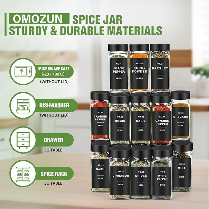 Spice Jars with Label, 36pcs 4oz Glass Spice Jars with Black Lids, Square Spice Containers with 304 Labels and Shaker Inserts, Empty Seasoning Bottles for Drawer, Cabinet, Seasoning Organizer