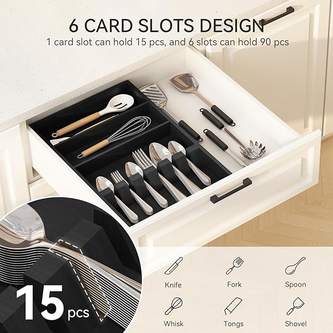Yofidra Pure Bamboo Silverware Drawer Organizer: 16.5 Inch Large Silverware Utensil Tray Holder, 3-Compartment with 6 Card Slots Kitchen Flatware Organizer Home Essentials, 2024 New Upgrade
