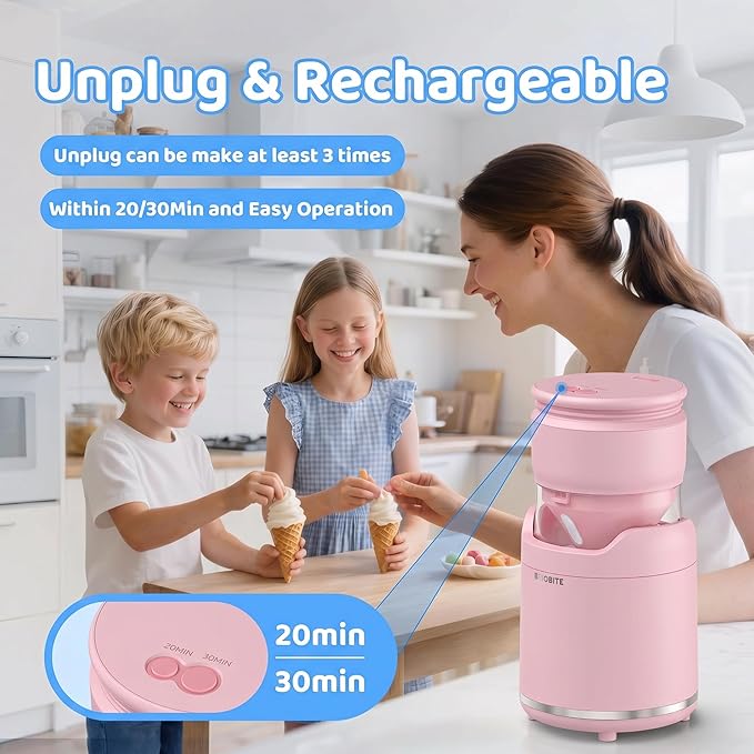 BRIOBITE Ice Cream Maker,Rechargeable Soft Ice Cream Machine with Low Noise,Compact for 1-2 Servings,Perfect for Sorbet,Gelato,Frozen Yogurt,Pink