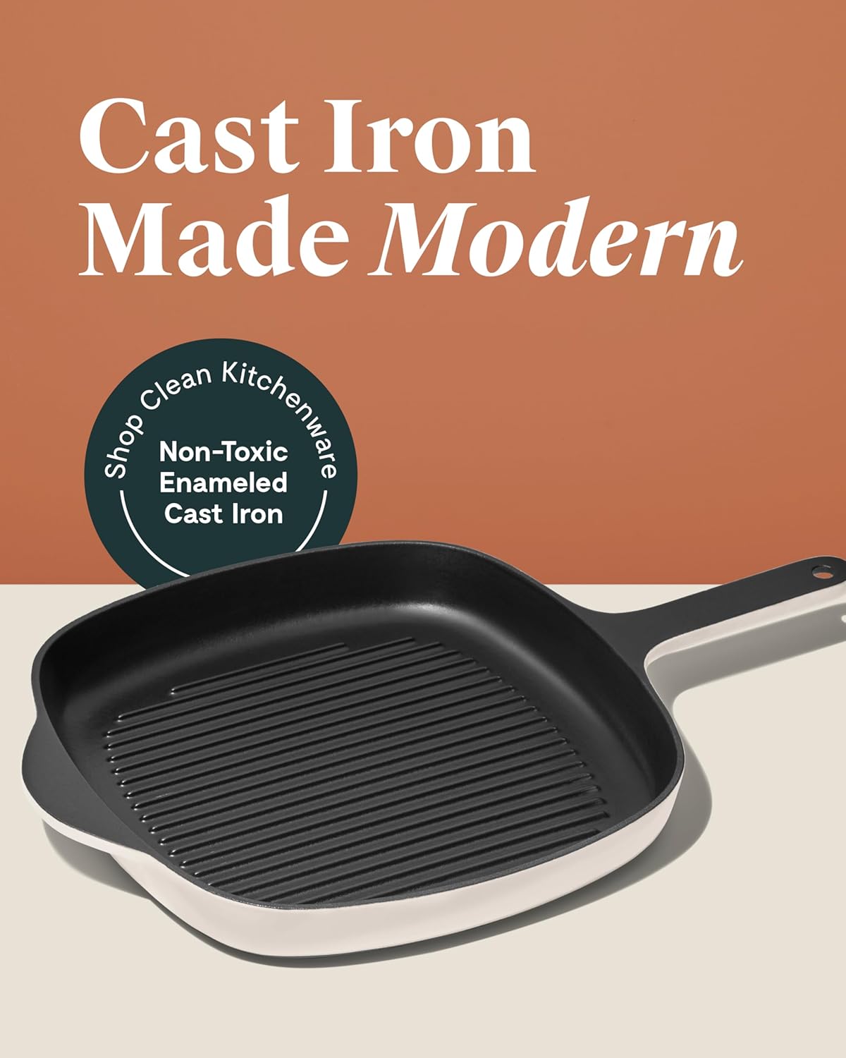 Caraway Enameled Cast Iron Grill Pan - 10.5” Grill Pan for Stovetop Cooking - 3 Layer Enamel Coating - No Seasoning Required - Compatible With All Stovetops - Free From Forever Chemicals - Cream