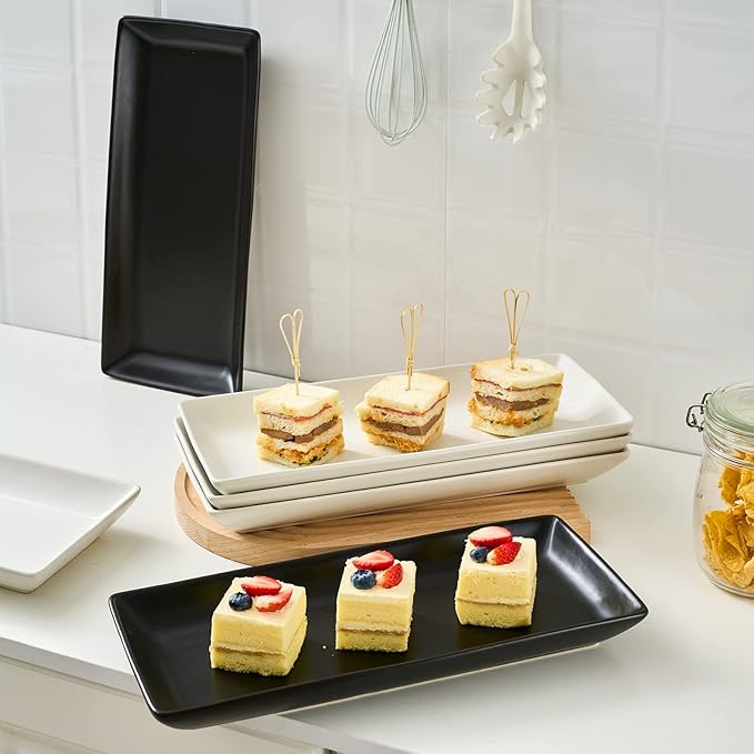 Gomakren Serving Platter Serving Dishes, 14 Inch Porcelain Serving Trays for Party, Large Serving Platters and Trays, Rectangular Sushi Plates for Entertaining Thanksgiving Christmas, Set of 4, Black