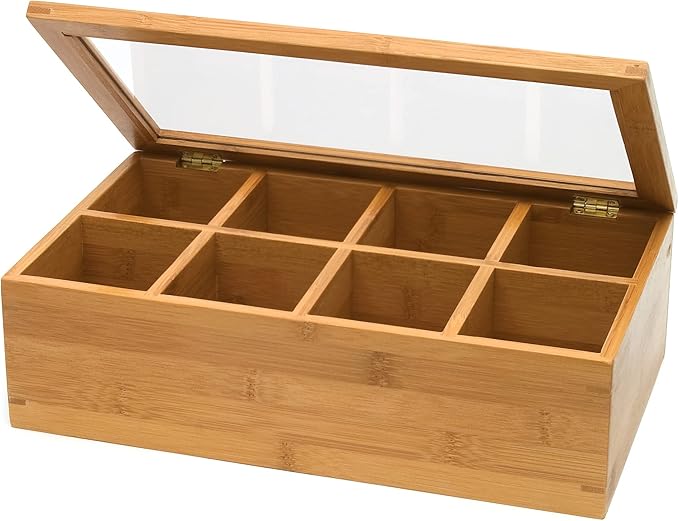 Lipper International Bamboo Wood Tea Box with Clear Lid, 8 Compartments, 12-1/2" x 7-1/2" x 3-5/8"