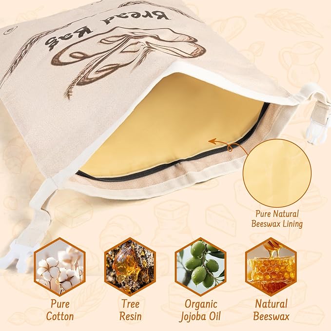 2-Pack Reusable Beeswax Bread Bags for Sourdough & HomemadeBread with Zipper, 16.5 x 13 inch bread bags for Food Storage