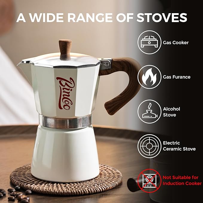 Bincoo Espresso Maker Stovetop, Moka Pot 6-Cups, Espresso Pot Classic Italian Coffee Maker,Single Safety Valve (Black, 6 Cup)