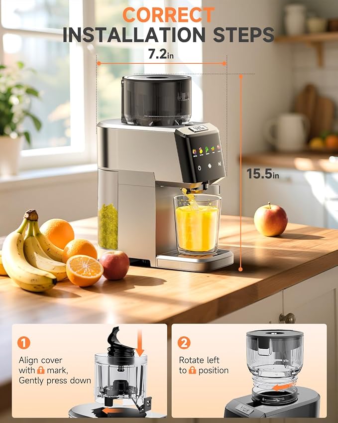 VCK Cold Press Juicer - Large 5.12" Feed Chute, Easy to Clean, Slow Masticating for Nutrient Retention, Quiet Motor, High Juice Yield, Leakproof - Sliver