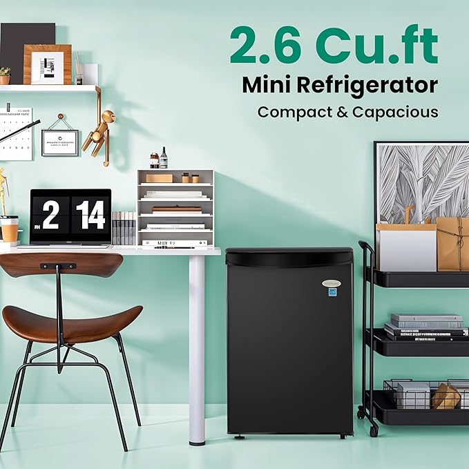 roomwell E-Star 2.6 Cu Ft Mini Fridge without Freezer - Black Mini Fridge AUTO DEFROST, Reversible Single Door, Glass Shelf Refrigerator - A Space-Saving Marvel for Your Bedroom, Dorm, and Office