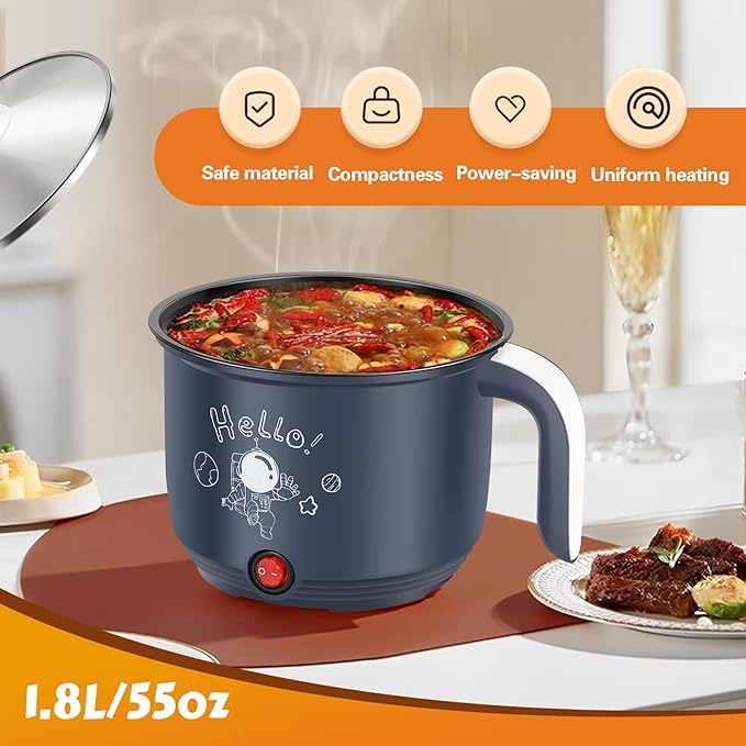 Hot Pot Electric with Steamer, Rapid Noodles Cooker, 55 Oz Stainless Steel Electric Pot for Cooking Dorm, Anti-Dry Burning, Non Stick Portable Electric Pot for Raman Soup Noodles Ect (Single Layer)