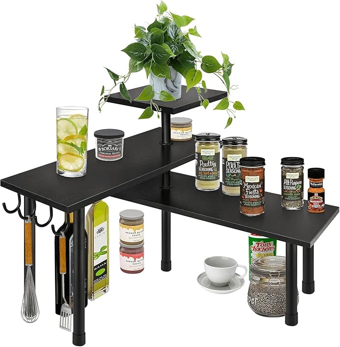 Homode Bathroom Counter Organizer Corner Shelf, Kitchen Countertop Organizer, 3 Tier Wood Counter Shelf Stand for Over The Sink, Coffee Station, Desktop, Black