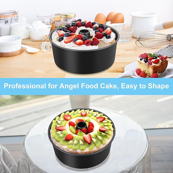 TeamFar 10 Inch Angel Food Cake Pan, Non-Stick Coating Stainless Steel Core Pound Cake Pan with Tube, Healthy & Heavy-Duty, One-piece & Hollow Design, Release Easily & Easy Clean, Set of 2