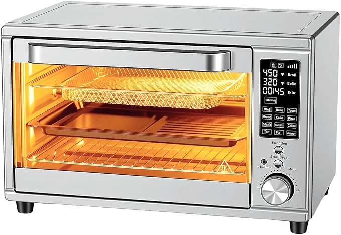 OLIXIS Air Fryer Toaster Oven Combo Dual Door, 29.6QT Oven Countertop 12 Functions in 1, 7 Accessories Included, Stainless, Up to 450°F