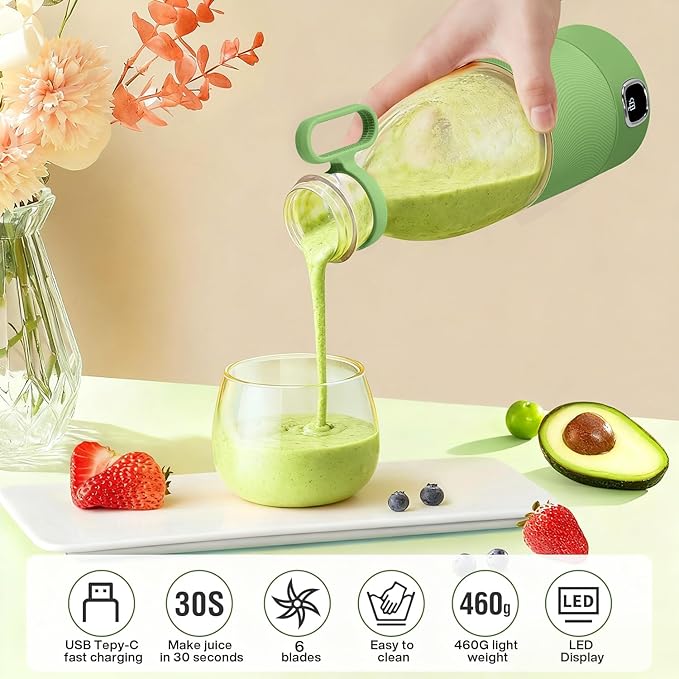 MIAOKE Portable Blender, 6 Blades Juicer Cup for Juice Shakes and Smoothies 350ml Mini Blender with Led Display Usb Rechargeable,3000Mah Rechargeable Battery, for Home Outdoors Travel-Avocado Green
