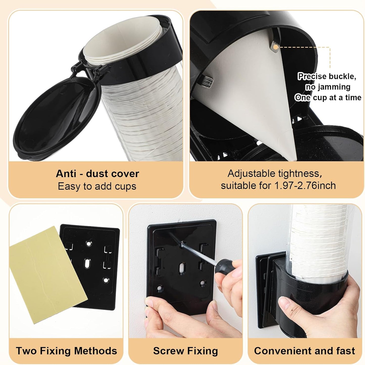 Roshtia 400 Pcs 4 oz Paper Cone Cups Thicken Disposable with 1 Cups Dispenser Pull Type Wall Mount Cup Holder Paper for Restaurants, Home, and Office, and Shaved Ice, Cold (Black)