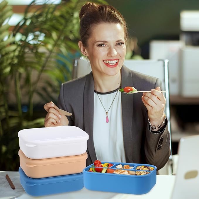 Potchen 4 Pcs Large 7.6x5x2 Inches Silicone Bento Box Reusable Lunch Container Leakproof Snack Meal Boxes for Work Travel Food Storage Microwave Dishwasher Freezer Safe 4 Compartment(Brilliant Color)