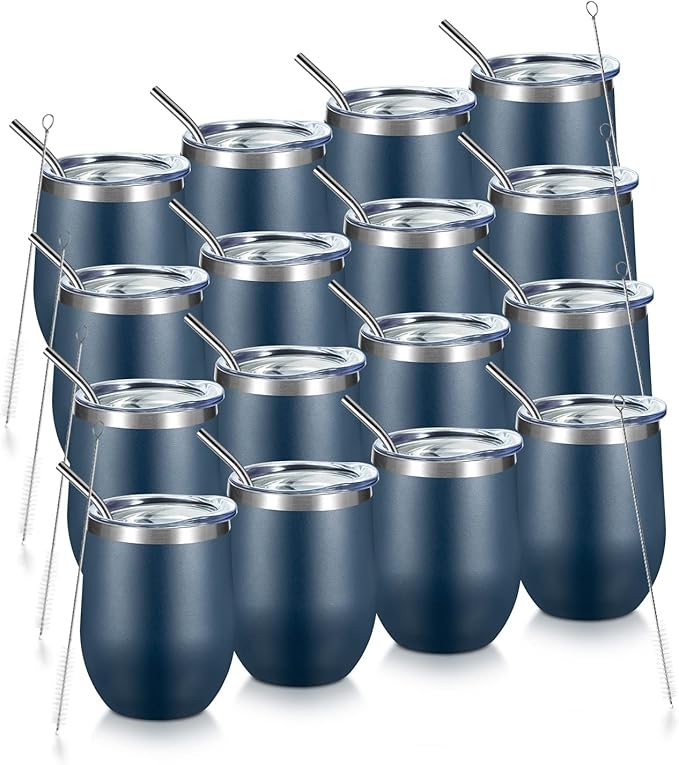 COMOOO 16 Pack Stainless Steel Wine Tumbler with Lid and Straw 12oz Double Wall Vacuum Insulated Wine Tumbler Cup Stemless for hot and Cold Drinks, Coffee, Wine, Cocktails, Navy