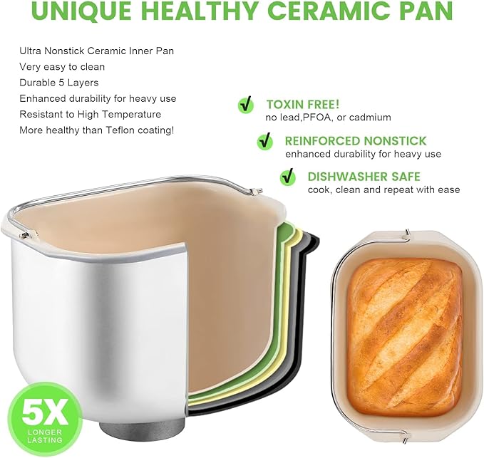 2.2LB Larger Bread Maker Machine with Dual Heaters, 17-in-1 Bread Machine With Die-Cast Ceramic Pan & Auto Fruit Dispenser, Full Stainless Steel Breadmaker, 15H Timer&Keep Warm, Sourdough, Gluten-Free