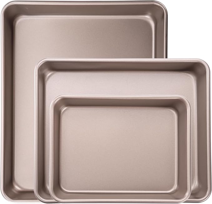 Dicunoy Set of 3 Deep Baking Pans, Nonstick Rectangle Cake Baking Sheet for Oven, Bakeware Bread Pans, Heavy Duty Carbon Steel Bread Tray, Bake Mold Turkey Roasting Pan, 8,11,12 inch