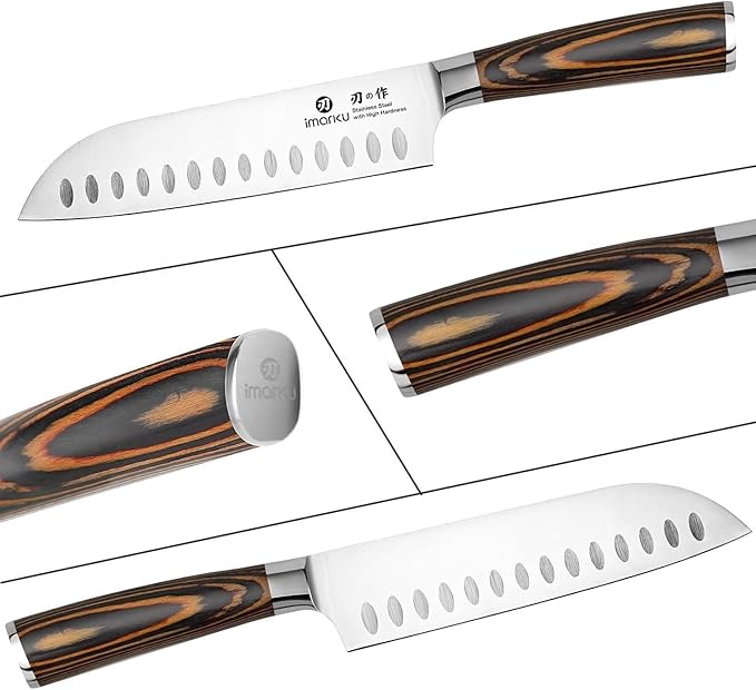 imarku Santoku Knife, 7 inch Kitchen Knife Ultra Sharp Cooking Knife Japanese Chef Knife -High Carbon Stainless Steel - Ergonomic Pakkawood Handle, Gifts for Women/Men, Orange