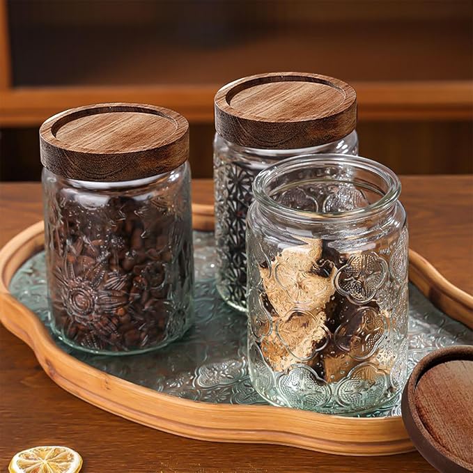 6-Pack 24 OZ Vintage Glass Jar with Lid, Airtight Food Storage Canisters with Bamboo for Kitchen Counter Pantry, Ideal for Coffee, Candy, Tea, Oats, Sugar, Cookies Decorative Jars