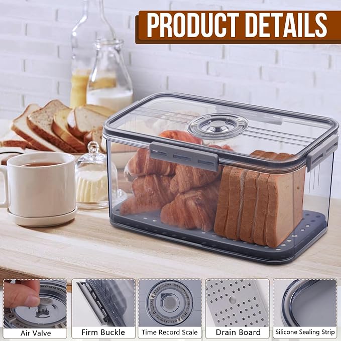 Gifhomfix Bread Box Bread Boxes for Kitchen Counter Airtight, Time Recording Bread Storage Container with Lid, Bread Keeper for Homemade Bread, Toast, Bagel, Donut and Cookies, LARGE Grey