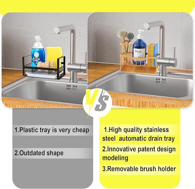 Maifan Sink Caddy Sponge Holder for Kitchen with Brush Holder and Stainless Steel Self Drain Tray, Rustproof Kitchen Sink Organizer for Sponge, Soap Dispenser Storage Accessories