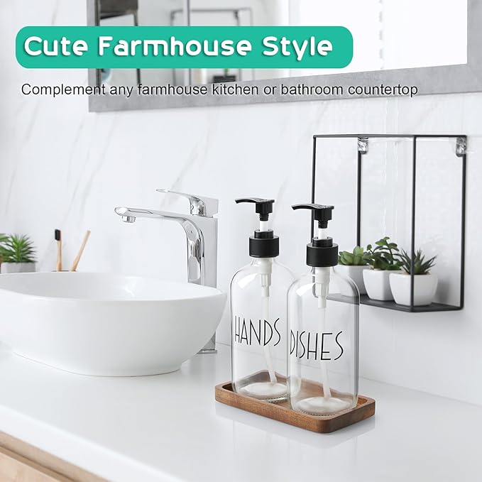 ALELION Glass Soap Dispenser with Pump - 16 OZ Clear Dish and Hand Soap Dispenser Set with Acacia Wood Tray for Kitchen Bathroom - Modern Liquid Pump Bottles