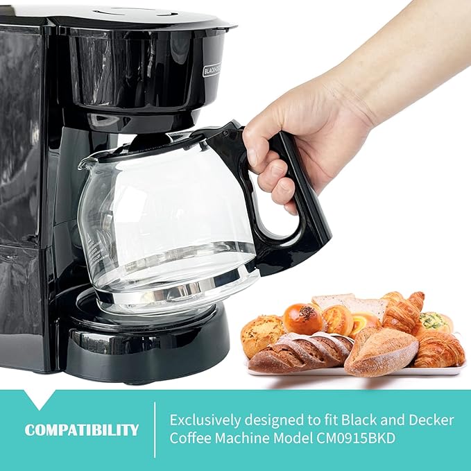 12-Cup Replacement Glass Coffee Carafe Compatible with Black and Decker Coffee maker Model CM0915BKD, Black Handle with Extra Lid, Product Height: 5.9 inch.