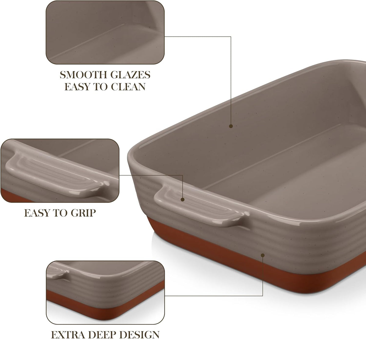 MALACASA 4.8 Qt Lasagne Dishes for Oven, 9 x 13 Inches Brown Ceramic Oven Dish with Handles, Deep Rectangular Baking Dish Casserole Dishes, Lasagna Pan Bakeware for Roasting, Series TARA