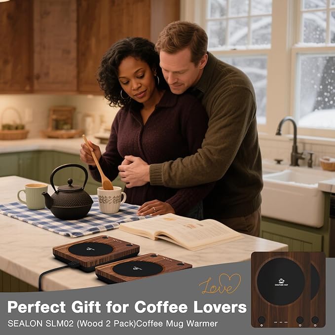 SEALON SLM02 Electric Coffee Mug Warmer (Wood, 2-Pack) - 3-Temperature Desk Cup Warmer with Auto Shut-Off (4 Hours) for Heating Coffee, Tea, Milk & Beverages