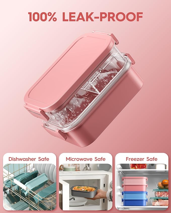 KEMETHY Adults Bento Lunch Box Set with Thermo Bag, 74oz Stackable Leak-proof 3-tiers Bento Box, Built-in Utensil and Sauce Container for Work, School, Dining Out (Pink)
