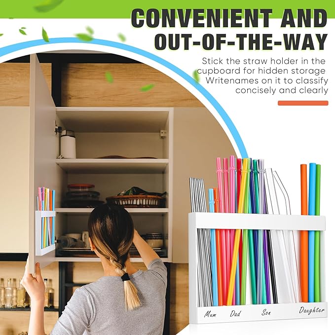 Qinyoung Acrylic Straw Holder for Cabinet Door with Double Sided Adhesive Tape Reusable Straw Organizer Tumbler Storage Kitchen Accessories Container for Counter Cupboard(Classic,Large,White)