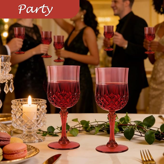 Plastic Wine Glasses, Plastic Goblets Vintage Style Cordial Unbreakable Drinking Glasses, Reusable Drinkware for Wedding Reception, Grand Event Party Supplies, Mother's Day (24, Burgundy)