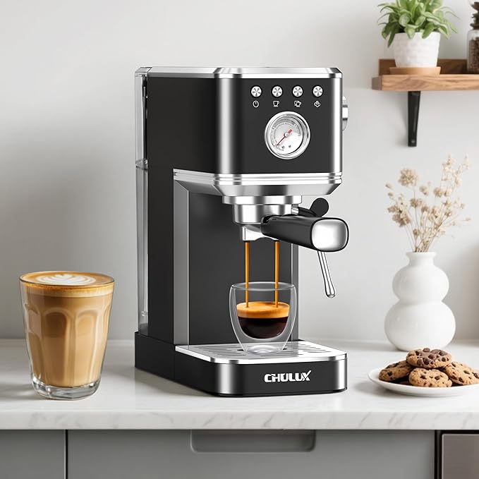 CHULUX Slim Espresso Machine with Milk Frother, 20 Bar Professional Italian Pump Espresso Coffee Machine for Home Cappuccino & Latte Maker, Stainless Steel, Black