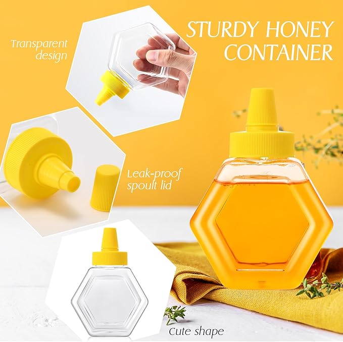 Ziliny 64 Pcs 7 oz Honey Squeeze Bottle Plastic Empty Beehive Bottle Jar with Spout Lid Clear Refillable Honey Containers for Condiment Storing and Dispensing Dispenser (Hexagon)