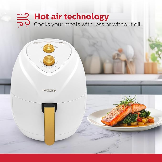 Holstein Housewares 4.8QT Air Fryer Golden Elegance. Hot Air Technology & PFOA Free Non Stick Coating for Less Oil Use with Led Display. No Pre Heating, Fry, Bake, Grill and Roast. White & Gold