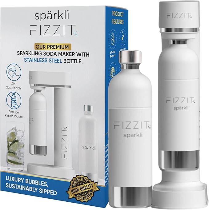 Fizzit Spärklï Stainless Steel Sparkling Water Maker with 2 CO2 Cylinders & 1L Reusable Bottle – Soda Streaming Machine Carbonated Water Maker for Home – No Electricity Needed, Dishwasher Safe