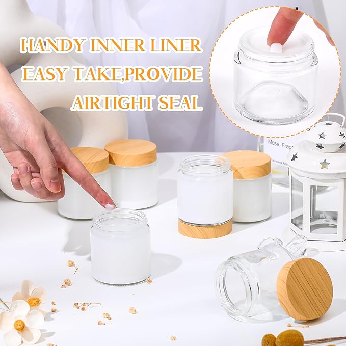 Norme 120 Pcs 4oz Glass Jars with Lids, Empty Glass Containers with Woodgrain Lids & Inner Liners, Reusable for Storing Creams Lotions Cosmetic Powder Ointments