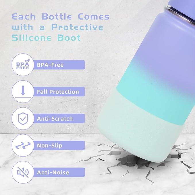 Volhoply 14oz KIds Water Bottle with Straw Lid and Silicone Boot Bulk 6 Pack,Stainless Steel Insulated Bottles for Boys & Girls Multipack,Double Wall Vacuum Leakproof Bottles(Purple Blue,6)
