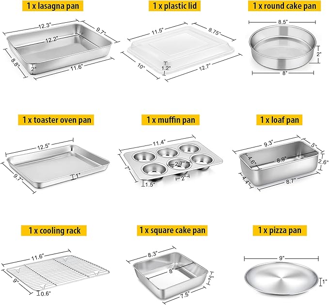 Bakeware Sets, P&P CHEF 9-Piece Stainless Steel Baking Pans Set, Round/Square Cake Pan, Toaster Oven Pan, Lasagna Pan, Loaf Pan, Pizza Pan, Muffin Pan, Dishwasher Safe & Durable, Healthy & Non-toxic