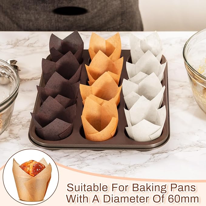 Motiskyy 300 Pcs Jumbo Muffin Liners for Baking 2-1/4" x 4" Large Tulip Cupcake Liners Greaseproof Cupcake Wrapper Paper for Weddings Birthday Christmas Anniversaries Party (Light Brown,White,Brown)