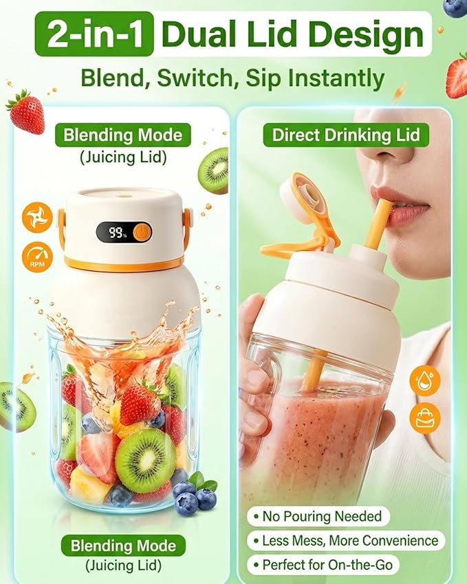 Portable Electric Juicer Cup with Zero Cord Hassle, Cordless USB-C Rechargeable, Leakproof Lid with Sip Spout, High Speed Motor for Smoothies and Shakes for Home Gym Office Travel Outdoor