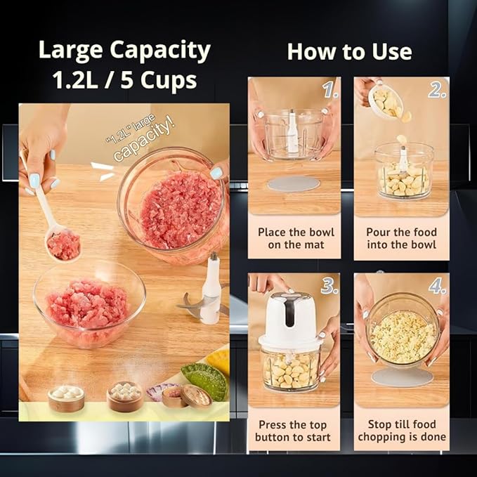 5-Cup Cordless Food Processor & Meat Grinder, USB-C Rechargeable - Perfect for Apartment, RV & Travel (Rose Gold)