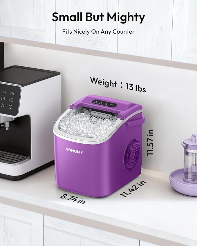 EUHOMY Countertop Ice Maker Machine with Handle, 26lbs Per Day, 9 Ice Cubes Ready in 6 Mins, Auto-Cleaning Portable Ice Maker with Basket and Scoop, for Home/Kitchen/Camping/RV (Purple)