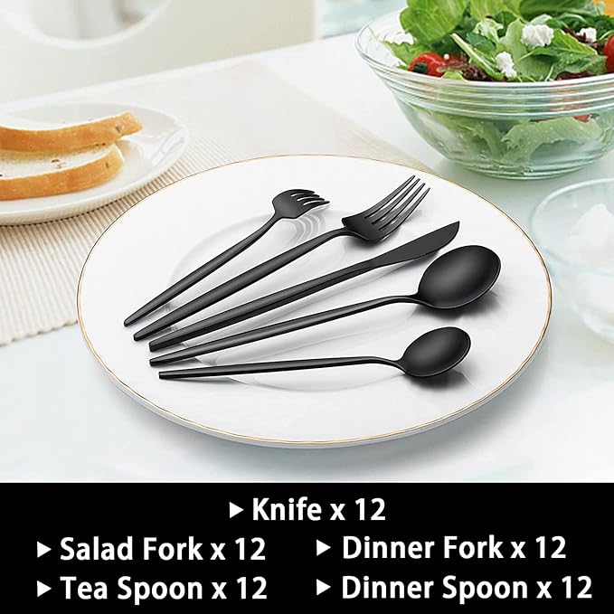 60-Piece 12 Setting Black Silverware, Food-Grade Stainless Steel Flatware Cutlery Set for Home, Office, Restaurant, Hotel