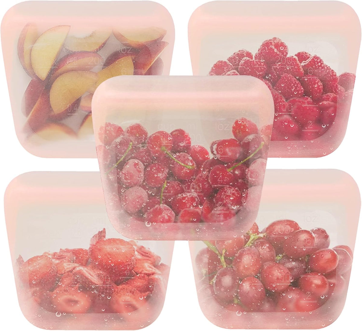 purifyou Set of 5 Reusable Silicone Storage Snack Bags 6oz / 16oz / 32oz / 64oz Self-Seal Food Storage Container for Fruits, Vegetables, Sandwiches, Dishwasher Safe & Leak-free (CloudPink, 6oz)