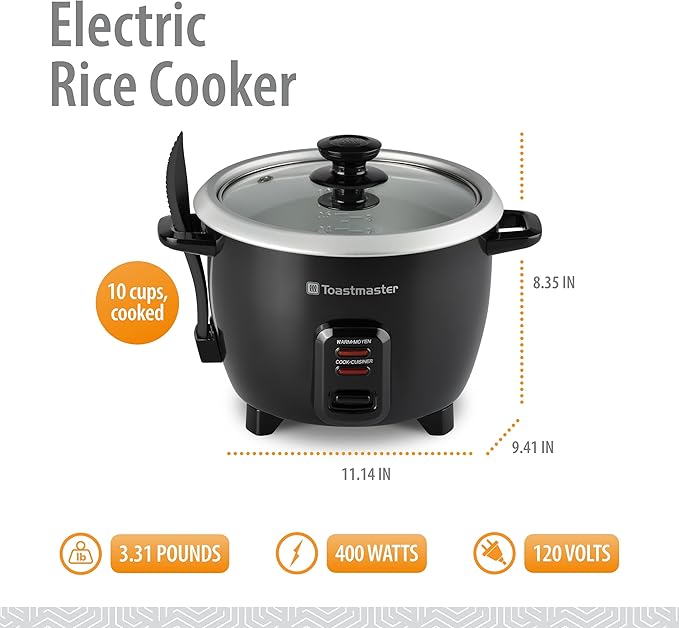 Toastmaster Electric Rice Cooker - Large Capacity for Soups, Oatmeal & More - Automatic Rice Cooker with Tempered Glass Lid & Keep Warm Mode - 10-Cup, Black